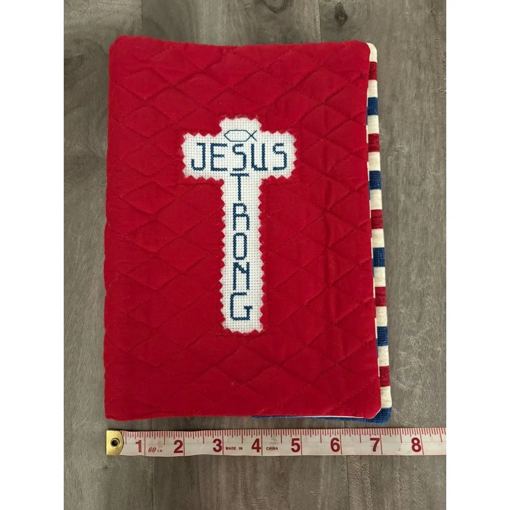 Handmade Vintage Quilted Bible Cover Cross Jesus Strong Red white blue